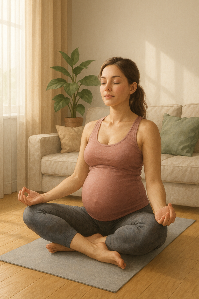 A pregnant lady is doing meditation.